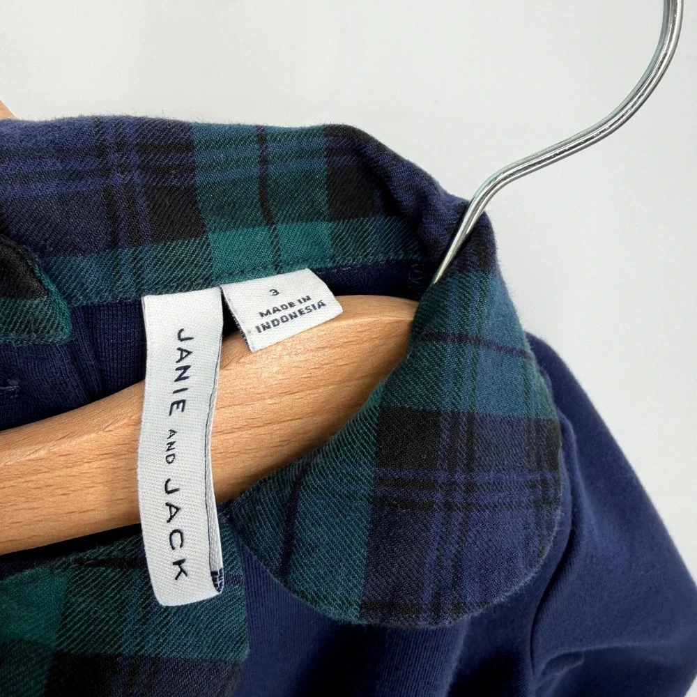 Janie and Jack Navy Blue Tartan Bow Ponte Dress‎ Long Sleeve Size 3